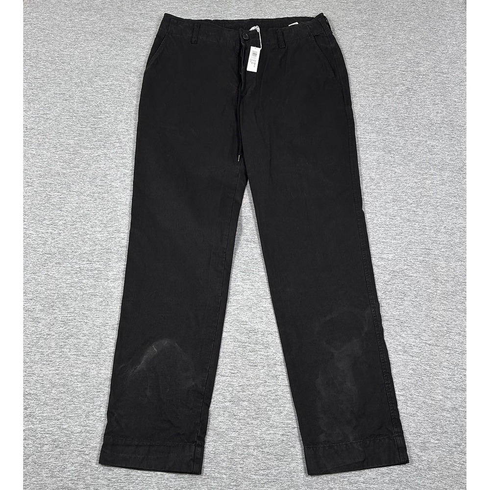 James Perse Pants Mens 33x33 Black Rigid Canvas Button Fly Drawstring STAINS